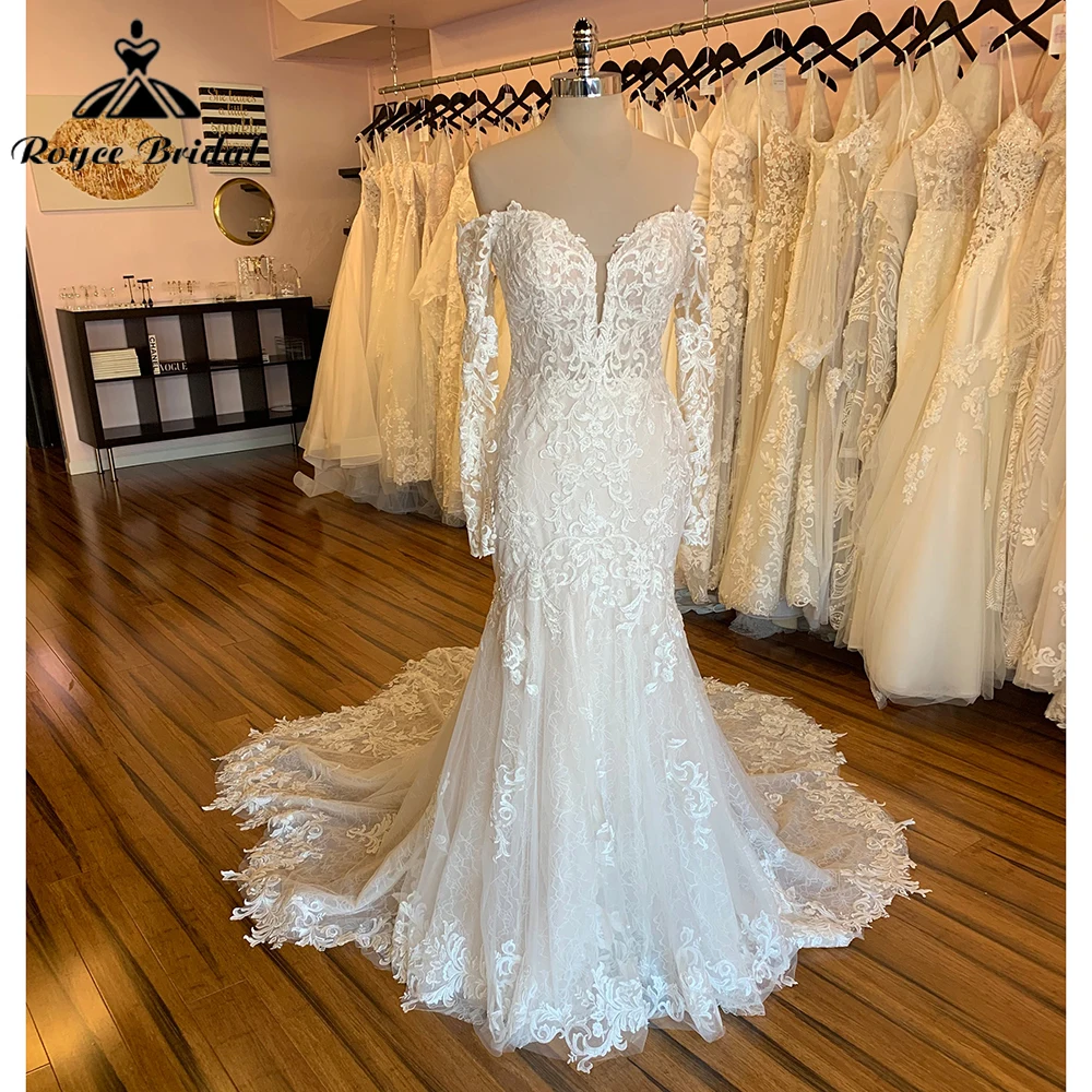 Sexy Sweetheart Long Sleeves Mermaid Wedding Dress Full Lace Chapel Train Bridal Gown Elegant Bride Gowns Vestidos De Novia Robe 
Sexy Sweetheart Long Sleeves Mermaid Wedding Dress Full Lace Chapel Train Bridal Gown Elegant Bride Gowns Vestidos De Novia Robe
