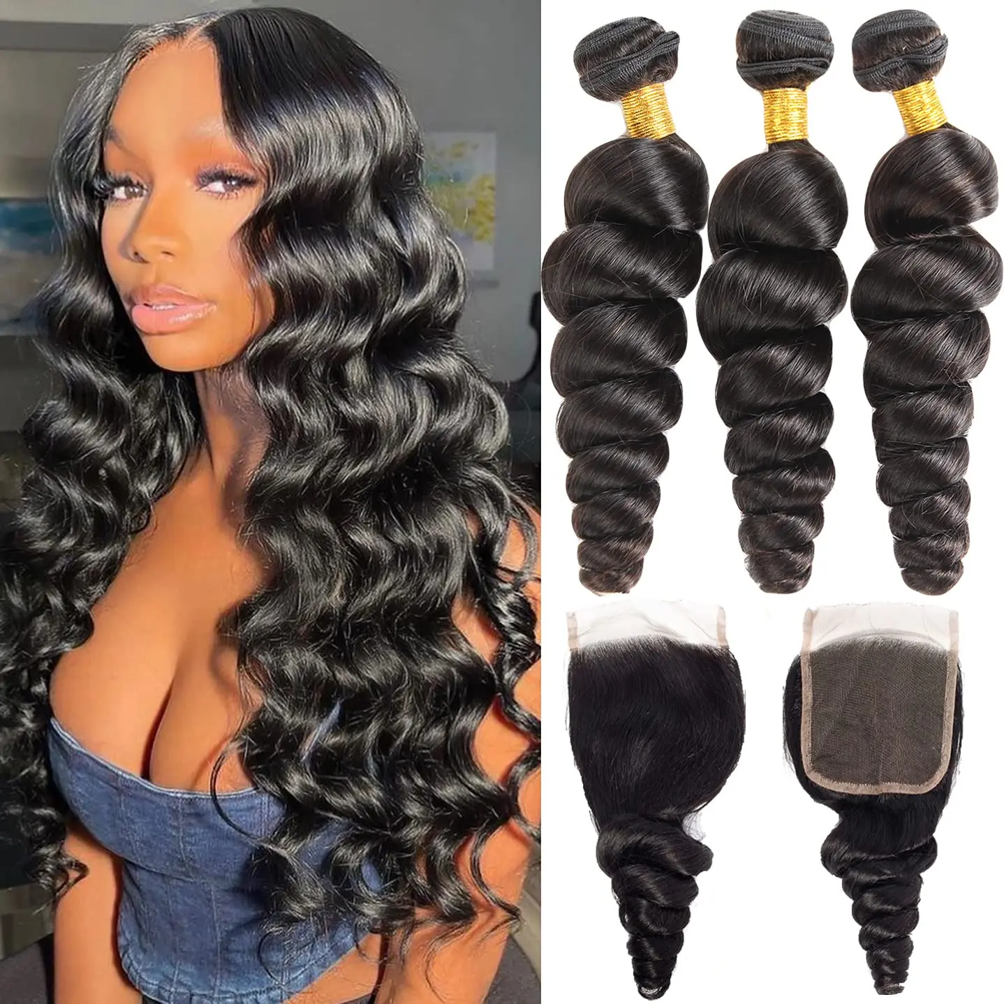 

Brazilian Virgin Hair Loose Wave Bundles Human Hair 100% Unprocessed Loose Wave 3 Bundle with Free Part Closure