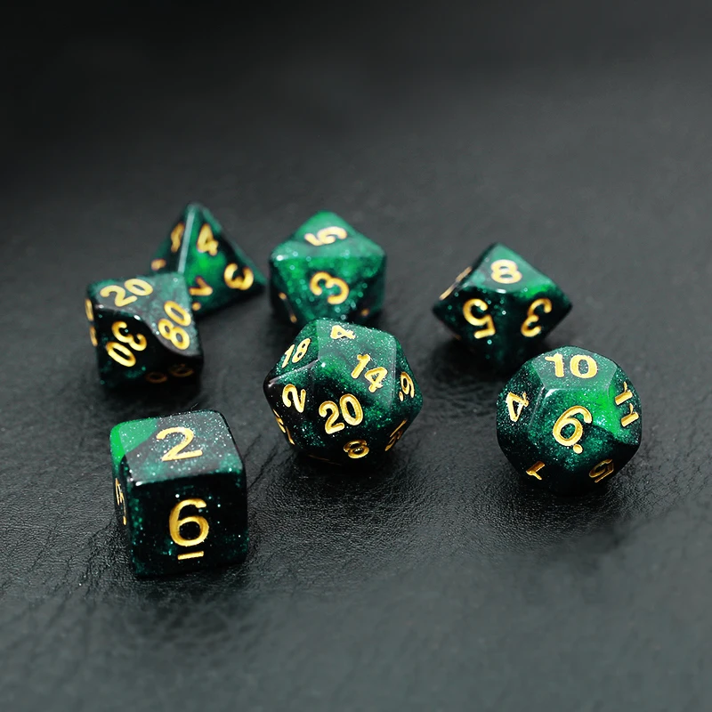 7Pcs/Set Green and Black Starry Sky Galaxy Dice D&D COC Dice D4 D6 D8 D10 D% D12 D20 Table Games DND RPG Dice Set
7Pcs/Set Green and Black Starry Sky Galaxy Dice D&D COC Dice D4 D6 D8 D10 D% D12 D20 Table Games DND RPG Dice Set