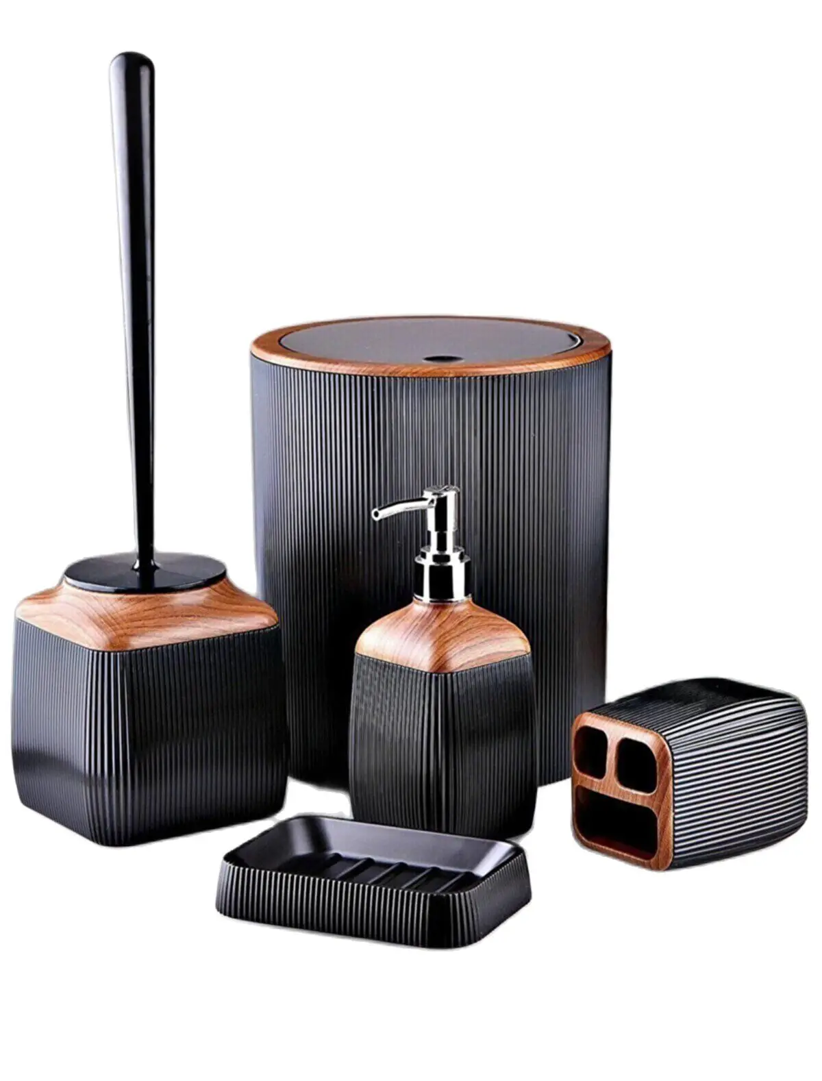 

Набор аксессуаров для ванной комнаты, пластиковый деревянный черный держатель для зубных щеток Lux, 5 шт., Диспенсер жидкого и твердого мыла, контейнер для мусора, щетка для туалета