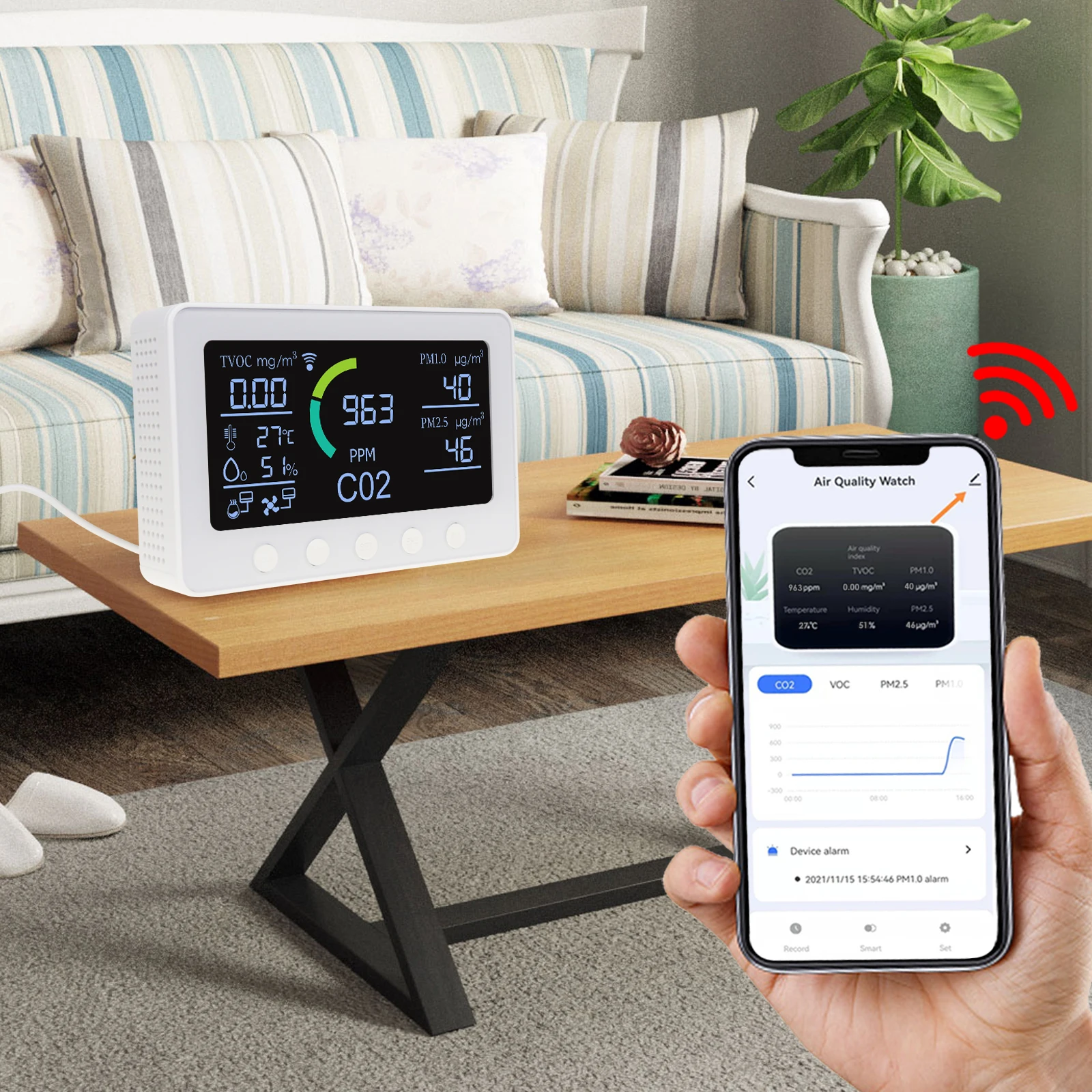 Digital Air Quality Monitor CO2 Meter For PM1.0, PM2.5, TVOC, Ambient Humidity & Temperature Smart Wifi Control
Digital Air Quality Monitor CO2 Meter For PM1.0, PM2.5, TVOC, Ambient Humidity & Temperature Smart Wifi Control