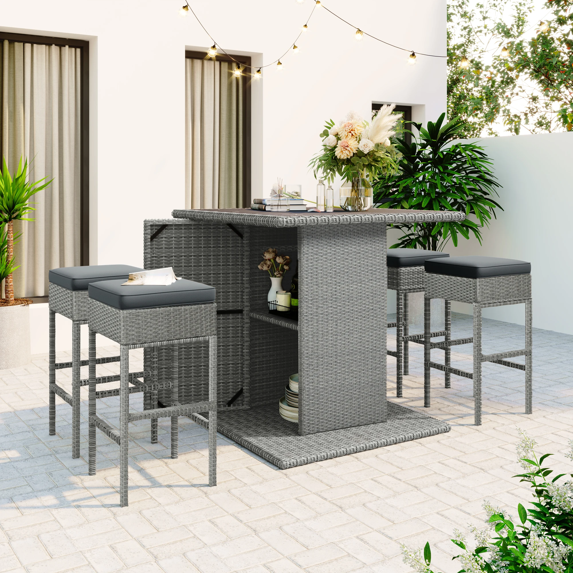 

5-Piece Rattan Dining Table Set PE Wicker Square Kitchen Table Set with Storage Shelf+4 Padded Stools for Patio Poolside Garden