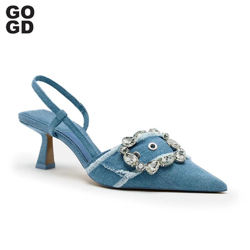 

GOGD Brand Fashion Women's Slingback Jeans Blue High Heels Rhinestone Luxury Shallow Party Sandals Thin Heels Shoes Pointed Toe