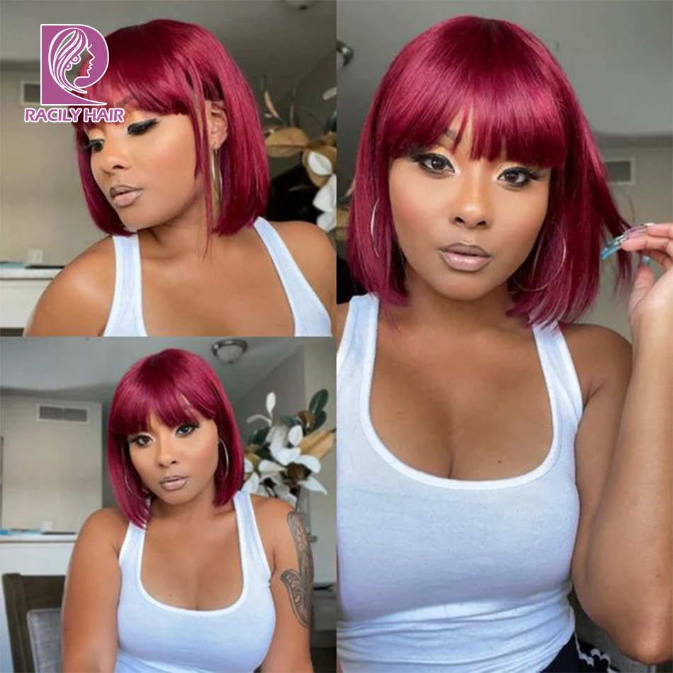 

Short Bob Wig Human Hair With Bangs Burgundy 99J Straight Glueless Bob Wigs For Women Remy Full Machine Made Wig Brown BOB Wig