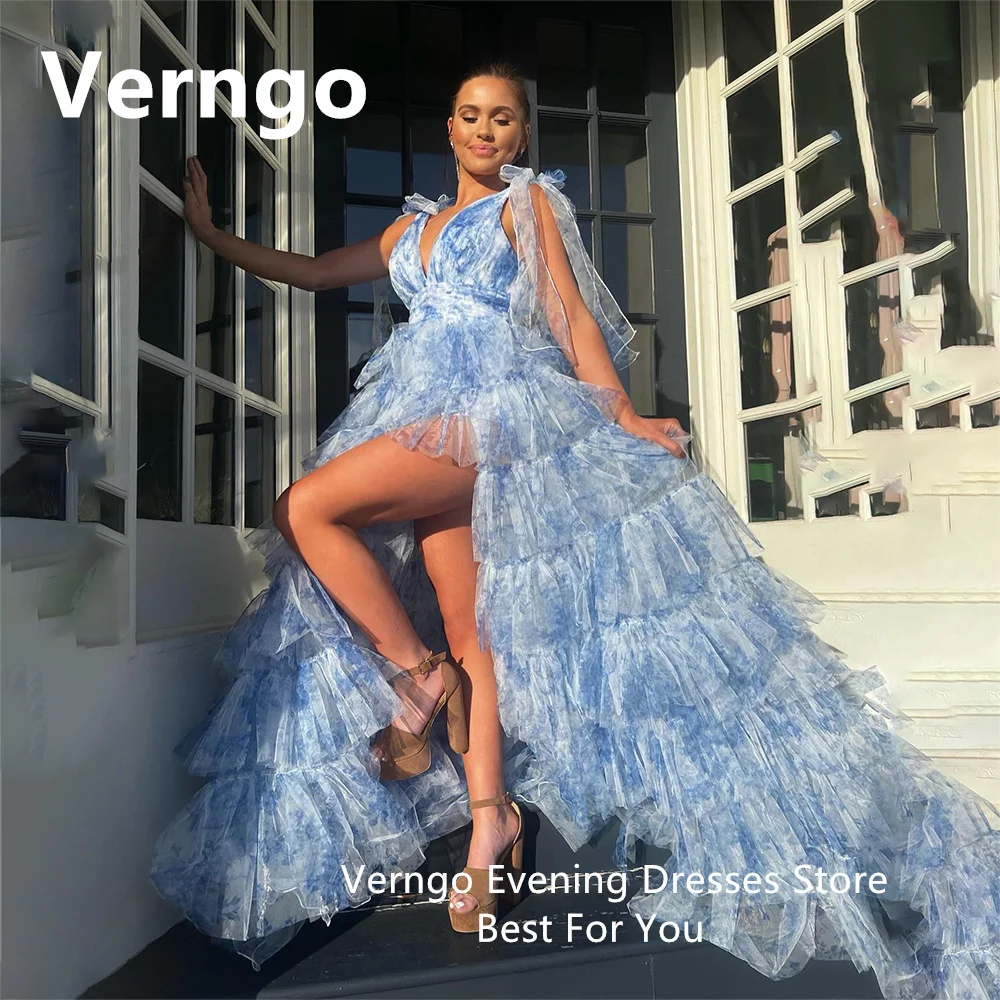 

Verngo Blue Printed Evening Dress For Women Spaghetti Straps Side Slie Prom Gowns A Line Tiered Prom Dress Princess Party Gowns