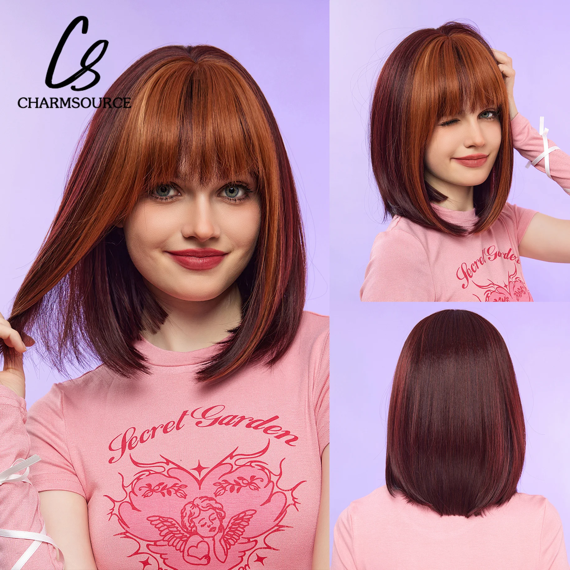 

Red Short Straight Party Synthetic Wigs Ombre Brown Bang Bob Cosplay Lolita Hair Wigs for Women High Temperature Fake Hair
