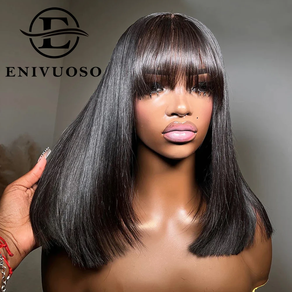 

Glueless Short Bob Human Hair Wigs With Bangs Ready To Wear Fake Scalp Lace Top Straight Fringe Wigs Human Hair For Black Women
