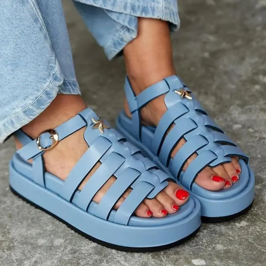 

Rock Inner Outer Quality Faux Leather Striped Flat Bottom Gladiator Star Buckled Sandals Black Nude Blue Summer Shoes Mules