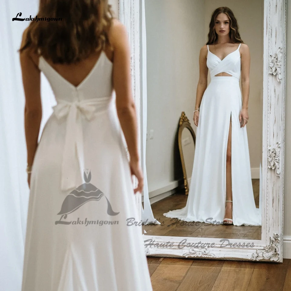 

Lakshmigown Simple White Crepe Long Beach Wedding Dress Spaghetti Straps 2024 Vestidos Sexy Bridal Gowns High Side Split