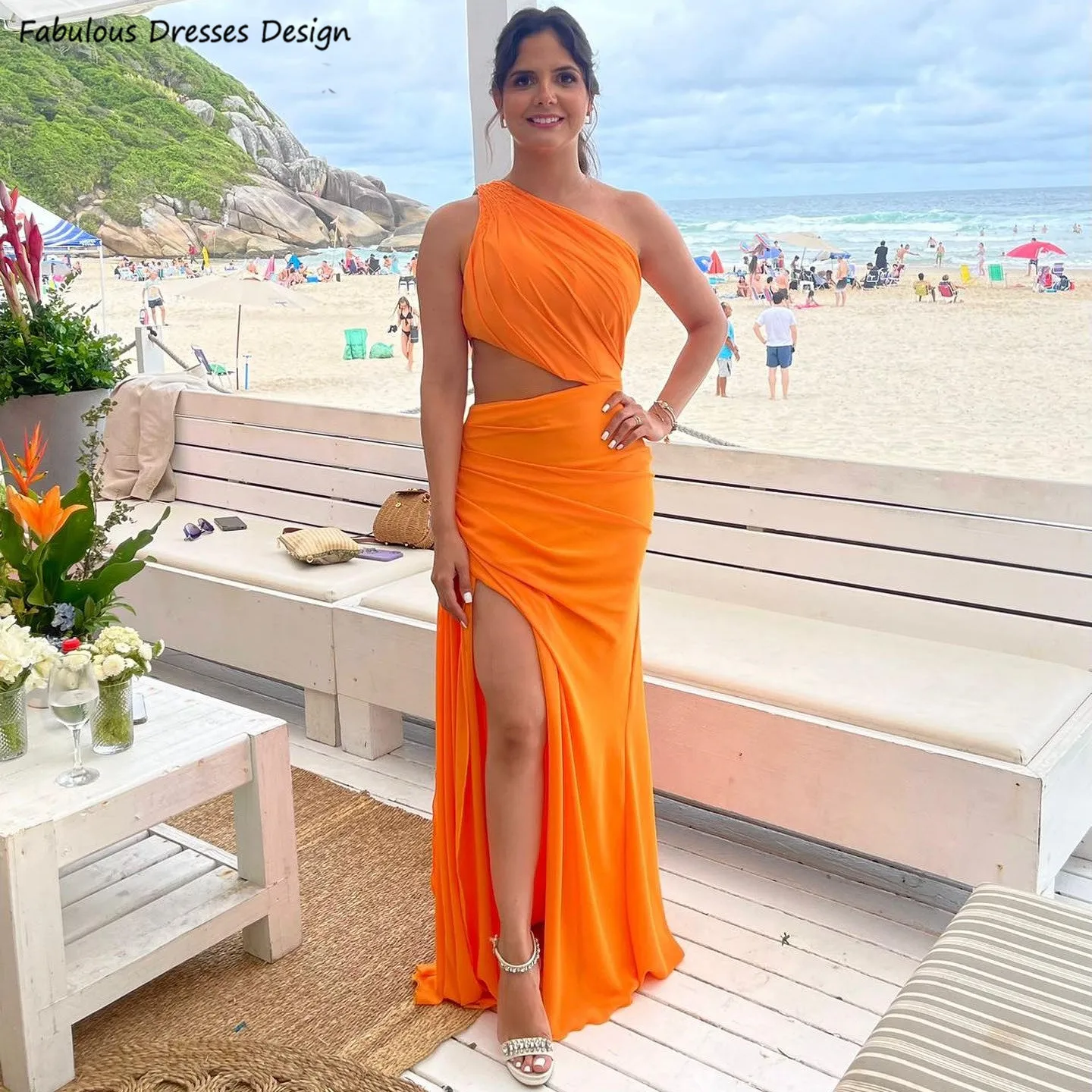 

Orange Chiffon Long Mermaid Bridesmaid Dresses One Shoulder Cut-out Slit Sexy Wedding Guest Dress For Women Pron Party Gown