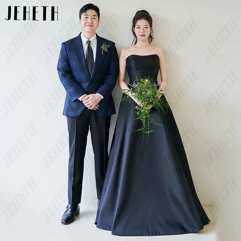 

JEHETH Black Sweetheart Satin Korea Bridal Gowns Women Strapless Sleeveless Wedding Dress Elegant A-Line Princess 웨딩드레스 Backless