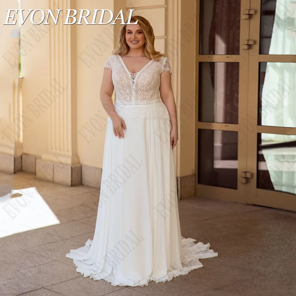 

EVON BRIDAL V-Neck Chiffon Plus Size Wedding Dress Short Sleeves A-Line Backless Bride Gowns Hochzeitskleider Damen Große größe