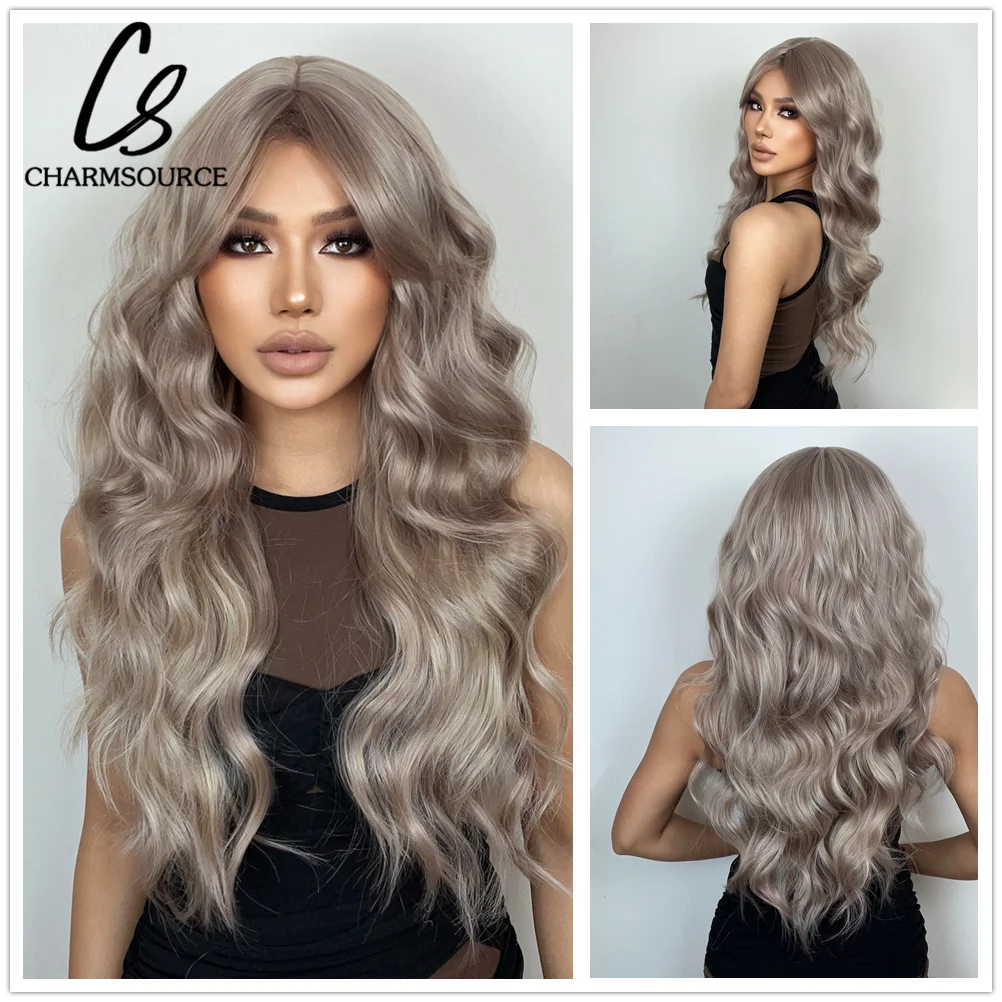 

CharmSource Long Brown Ombre Wigs Wavy Synthetic Hair Wigs Layered with Bangs Dark Root Women Daily Party Heat Resistant Fibers