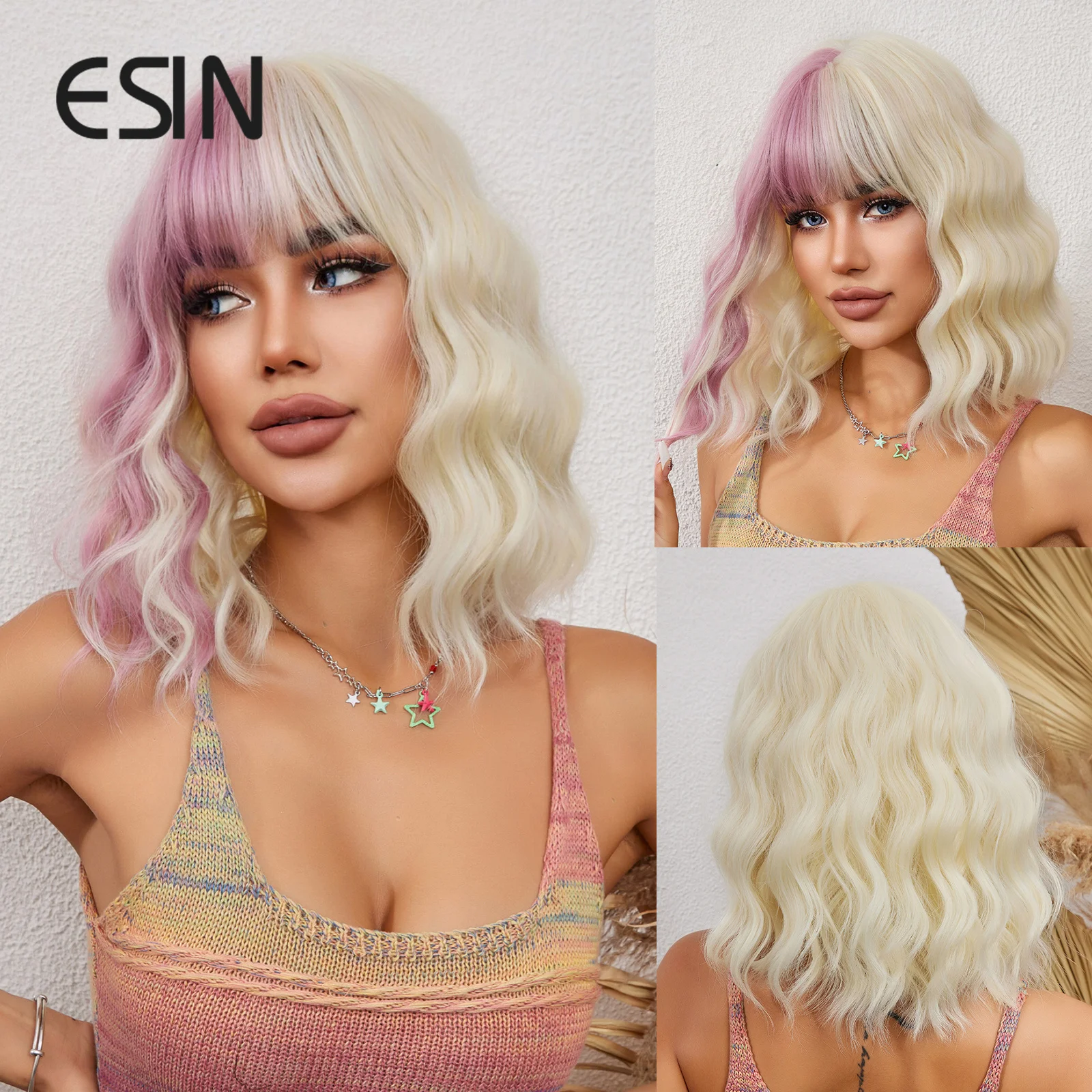 

ESIN Synthetic Blonde Mixed Pink Bob Wigs Medium Long Loose Body Wave Wig with Bangs Cosplay Daily Natural Wigs for Women