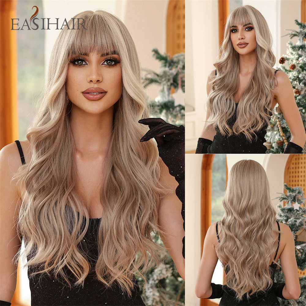 

EASIHAIR Long Wavy Synthetic Wigs for Women Ash Blonde Bang Wigs with Platinum Highlights Heat Resistant Daily Cosplay Party Wig