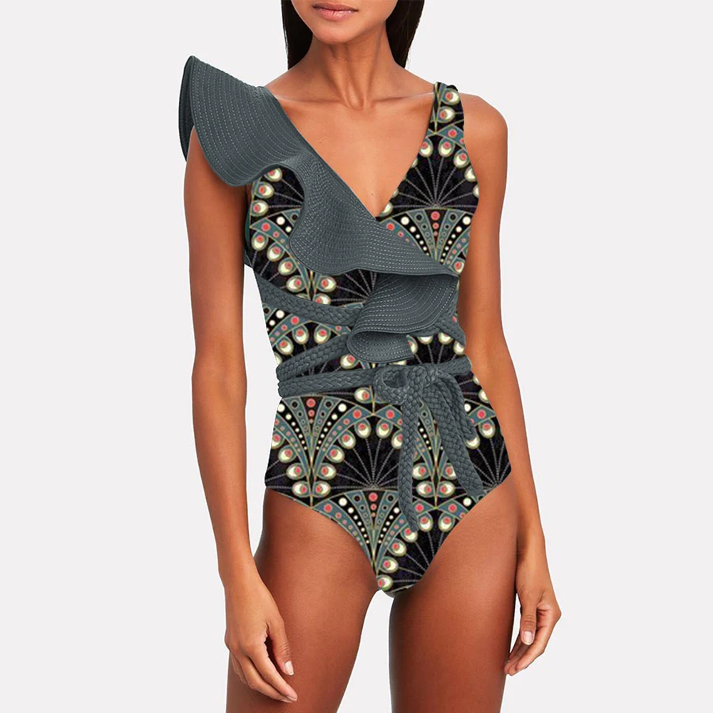 Black Print Deep V-Neck One Shoulder Ruffle One-Piece Swimsuit High Waist Tie Belly Belt Design Open Back Slim Fit Bikini Sexy
Black Print Deep V-Neck One Shoulder Ruffle One-Piece Swimsuit High Waist Tie Belly Belt Design Open Back Slim Fit Bikini Sexy