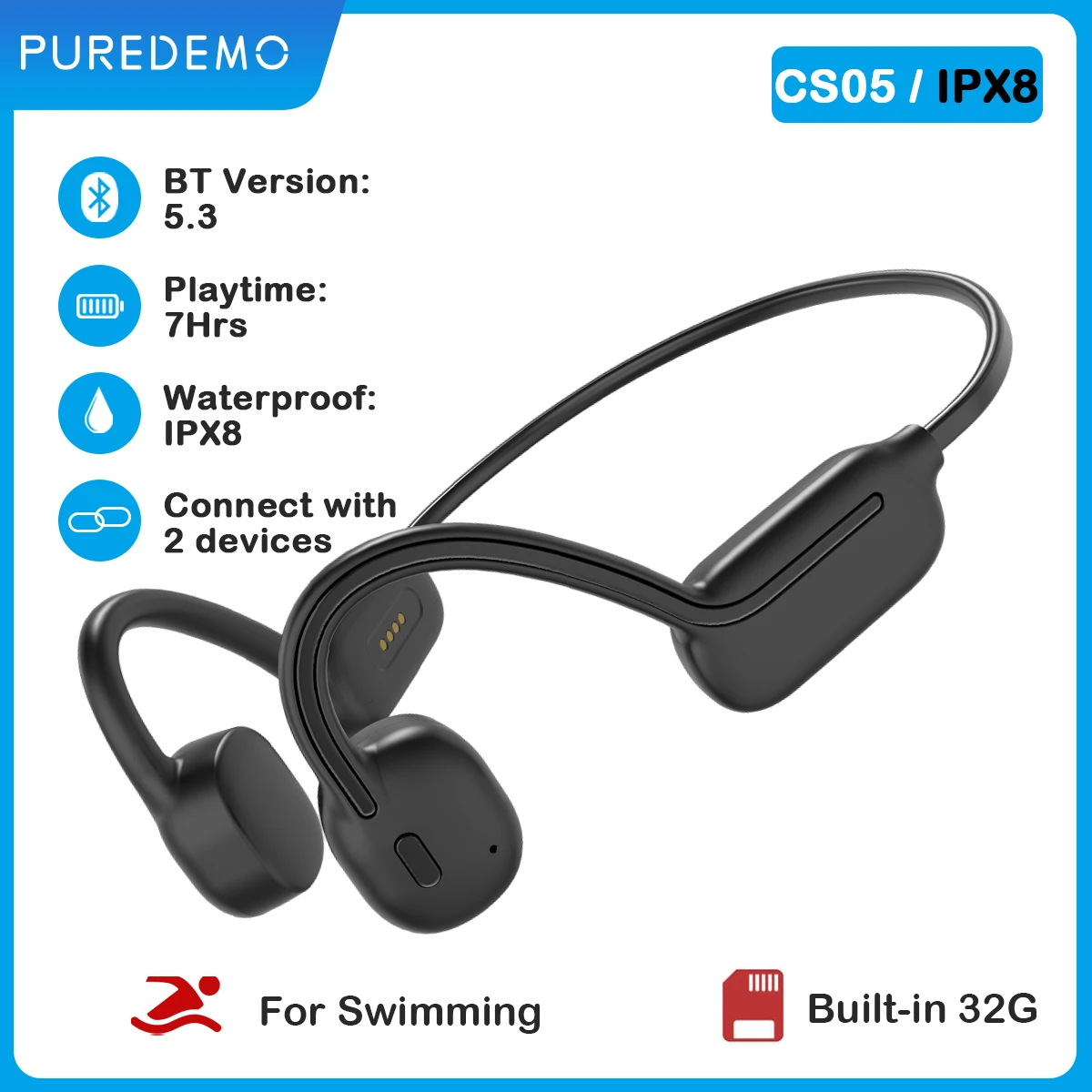 

Bone Conduction Headphones Bluetooth 5.3 Wireless Earphones IPX8 Waterproof Sports Headset with Mic for Swimming Running Driving