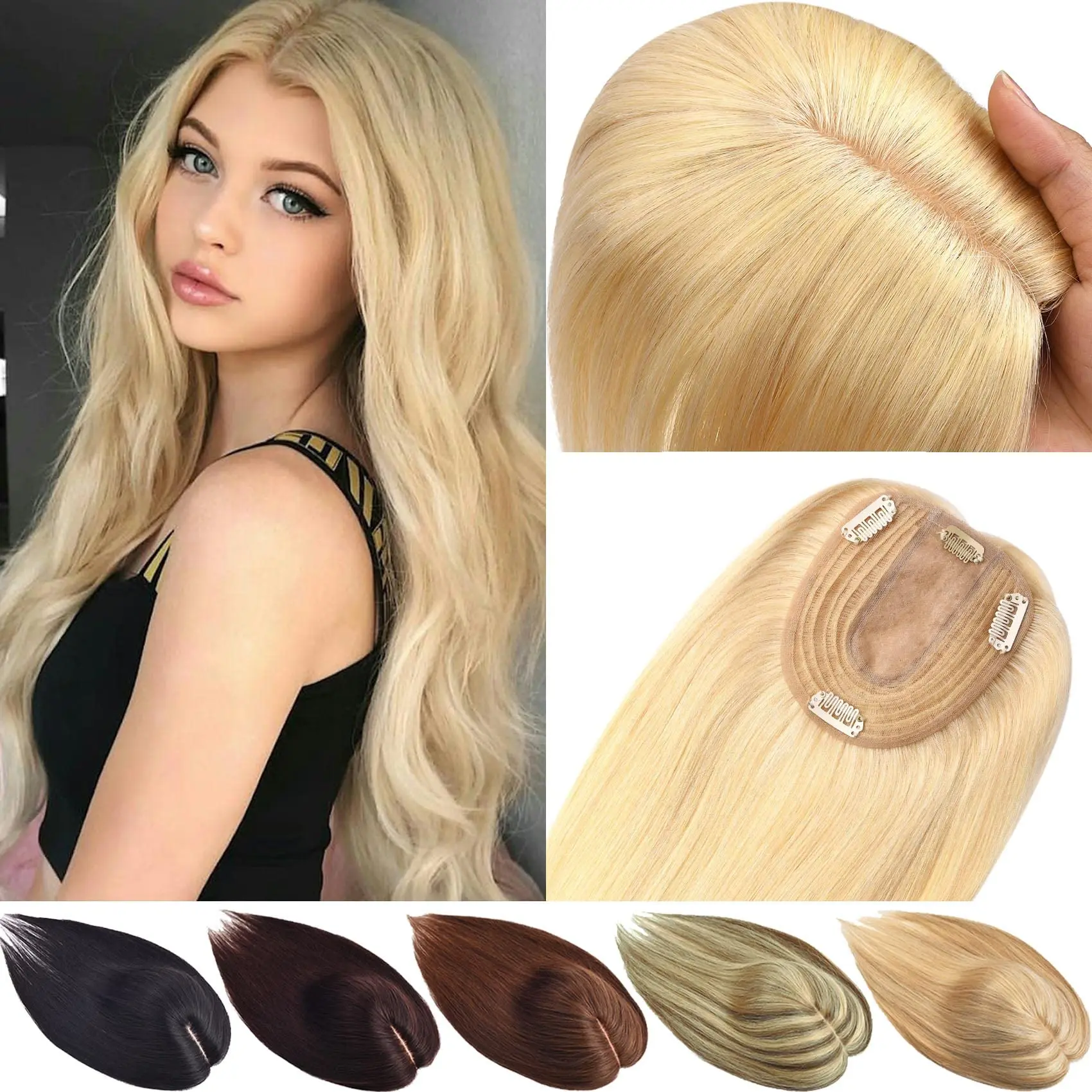 

Real Human Hair Wigs Hair Toppers for Women Clip In Women Toupee Silk Base Hairpiece with Bangs Blonde Clips In Hair Extensions