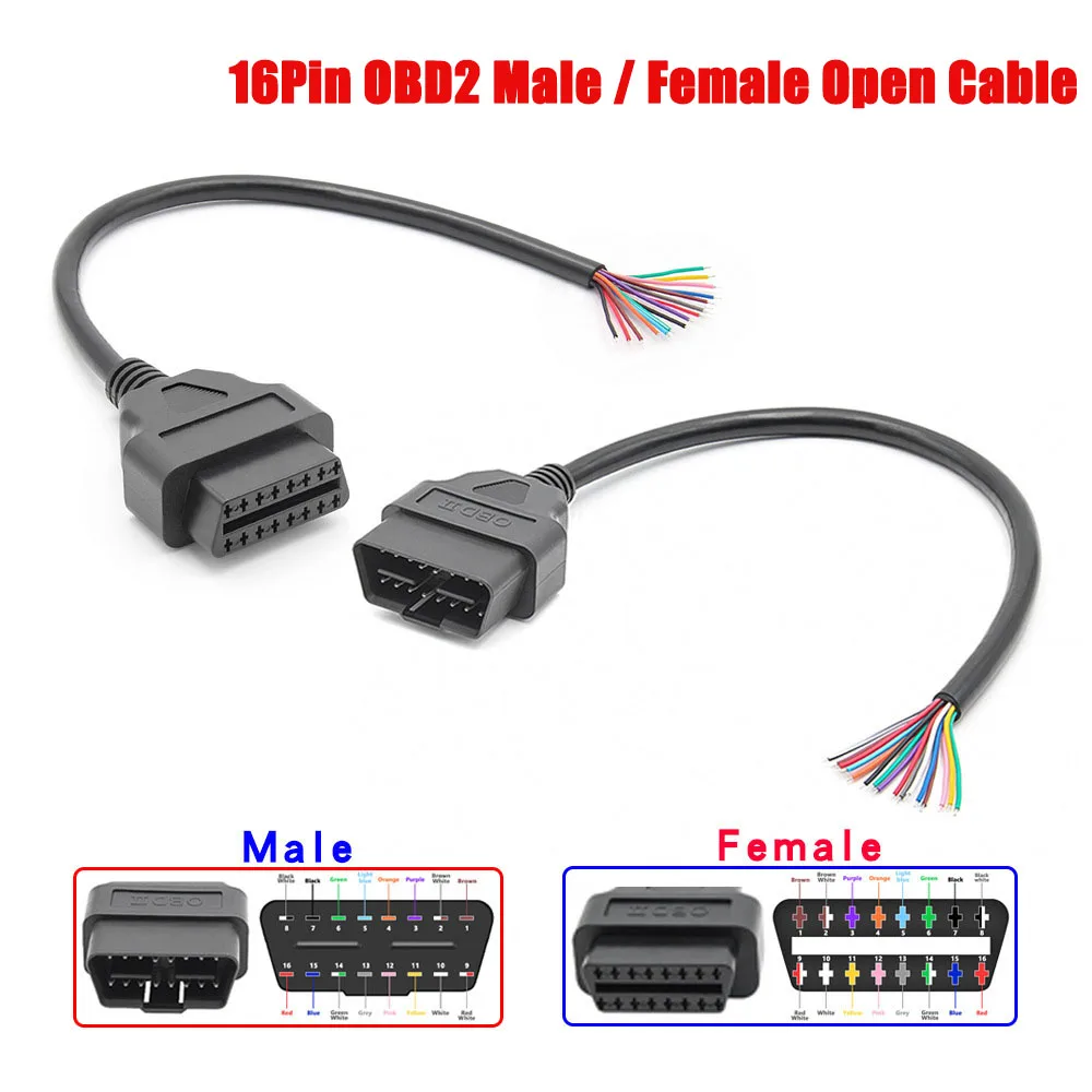 

OBD2 16 Pin Female/Male to DIY Extension Cable 30cm Color Bare Wire Opening Cable OBD 2 Diagnostic Interface Male Plug Connector