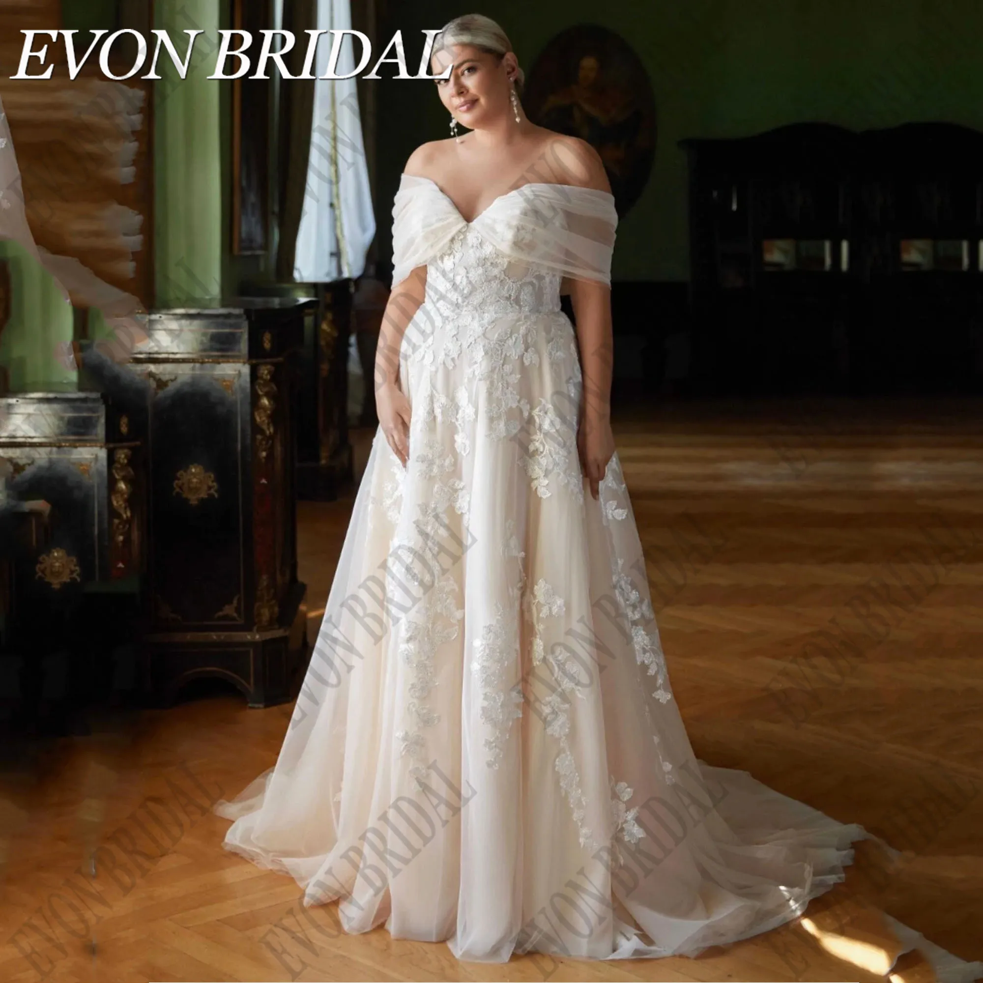 

EVON BRIDAL Plus Size Wedding Dress V-Neck Off Shoulder Lace Applique Bride Gowns A-Line Backless Custom Made Vestidos De Novia