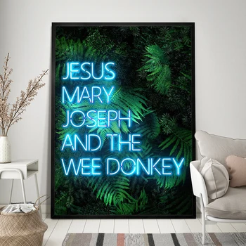 예수 마리아 요셉과 작은 당나귀 따옴표 동기 부여 야자수 캔버스 회화 그림 인쇄 포스터 거실 장식