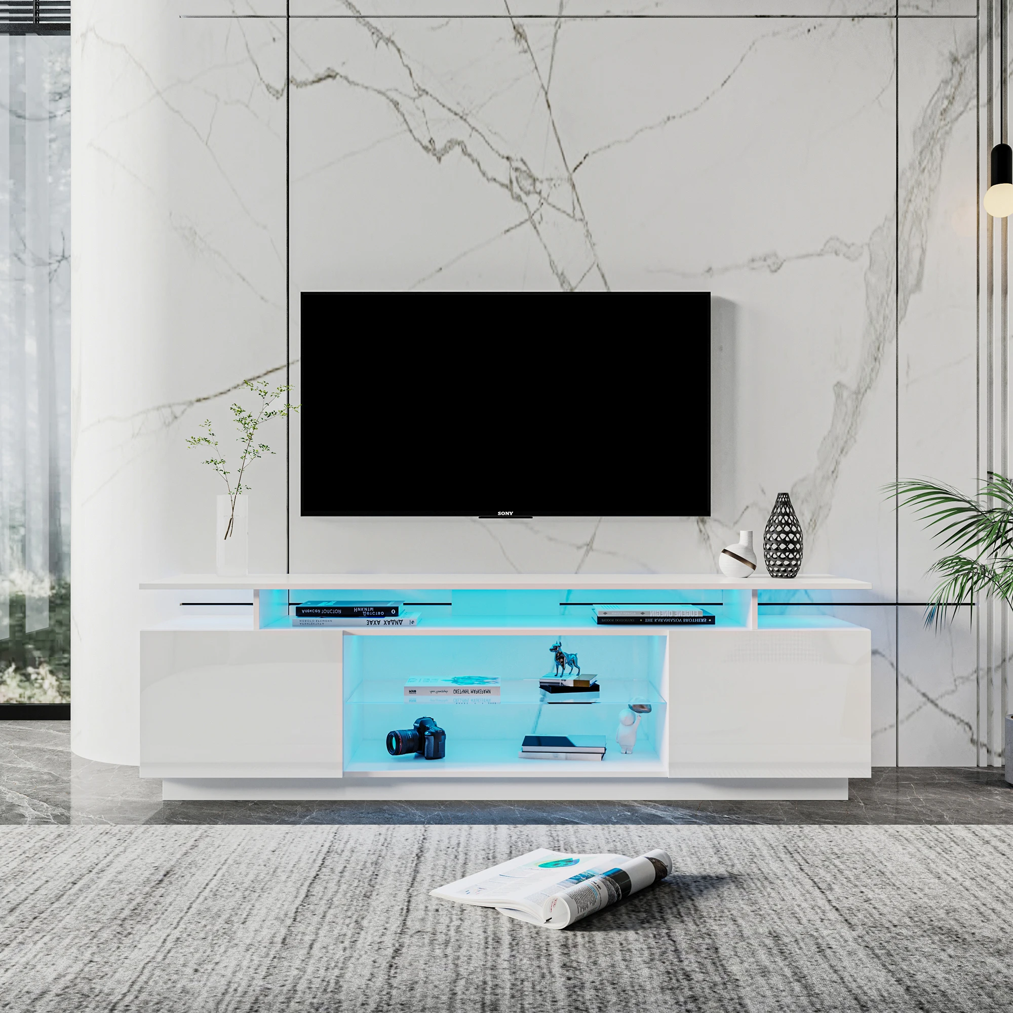 White/Black Led TV Stand for 80 Inch TV Media Console Entertainment Center Television Table 2 Storage Cabinet with Open Shelves
White/Black Led TV Stand for 80 Inch TV Media Console Entertainment Center Television Table 2 Storage Cabinet with Open Shelves