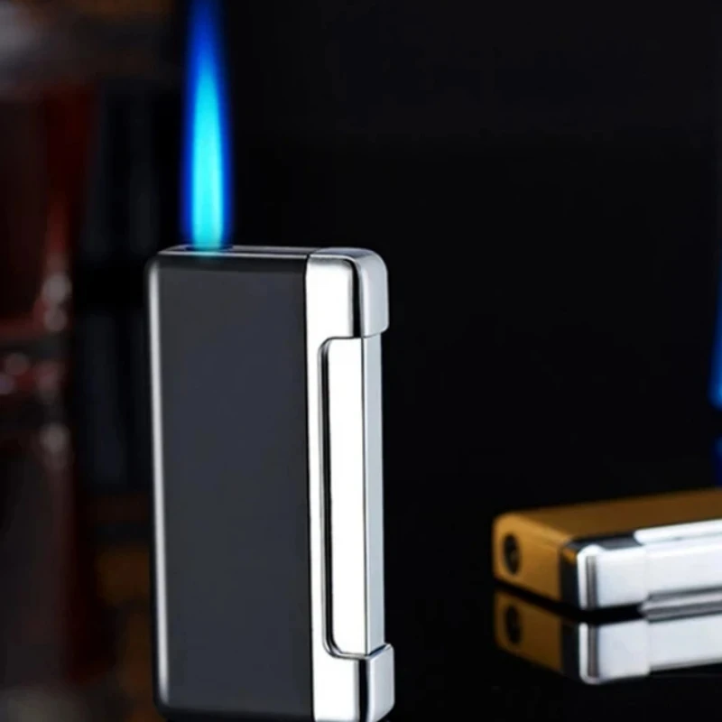 

New Creative Push Ignition Metal Jet Lighter Blue Flame Recycling Butane Gas Windproof Cigar Lighter Portable Men's Gift