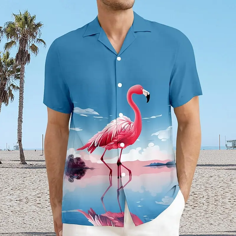 

Flamingo Liberty Hawaiian Resort Style Men's Shirt Liberty Vacation Beach Summer Cuban Collar Short Sleeve