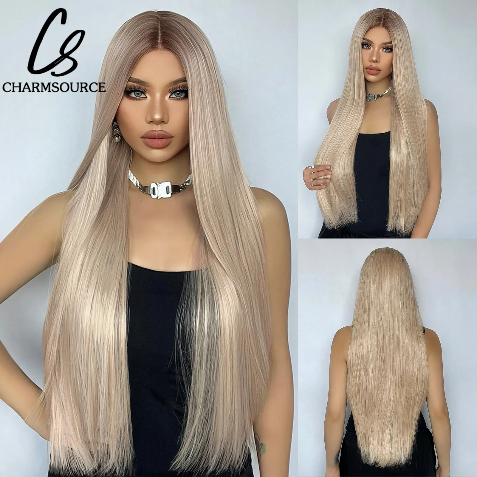 

CharmSource Super Long Lace Front Wig Straight Blonde Wigs with Dark Root for Women Daily Party Cosplay Wedding High Density