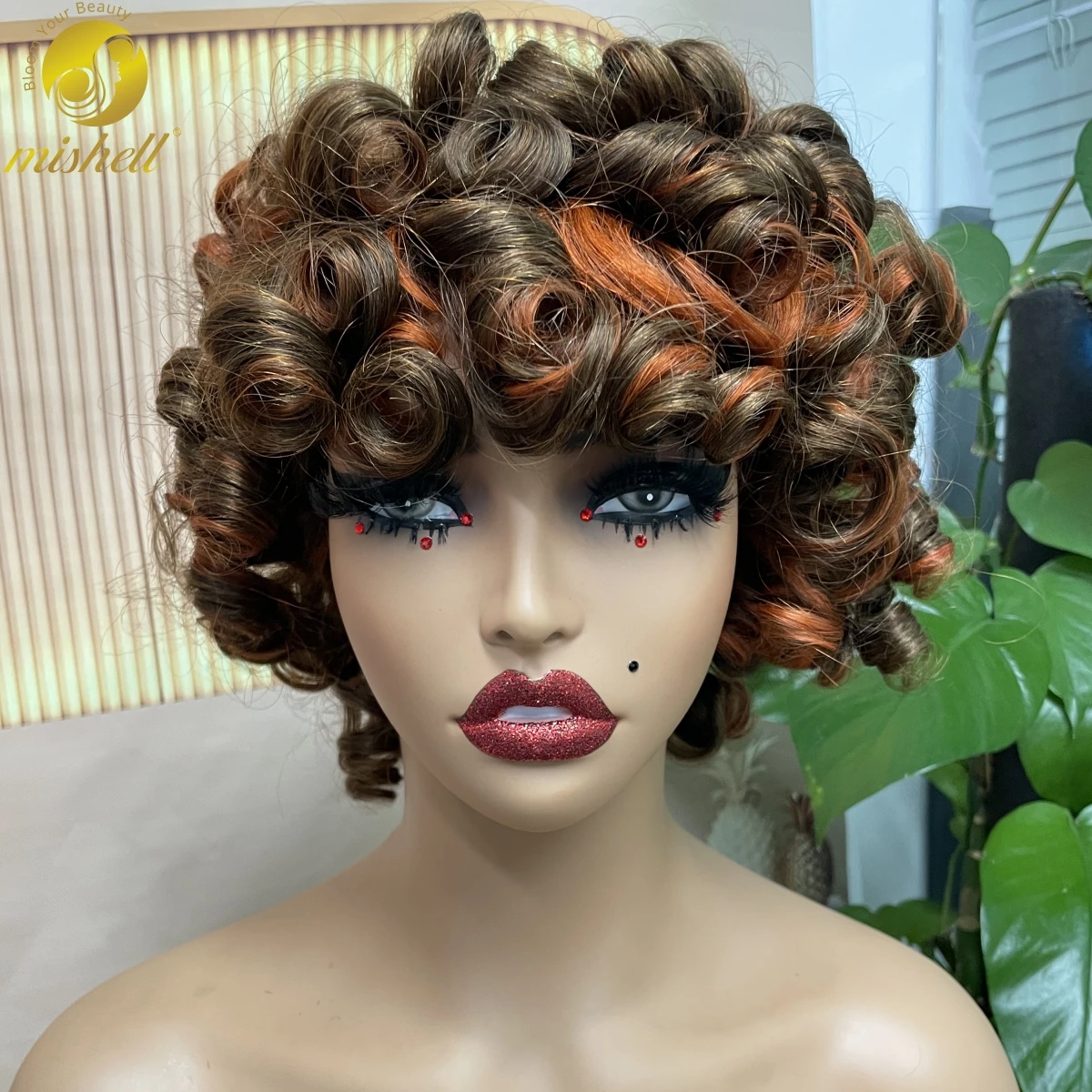 

200% Density Full Machine Made Wigs Afro Short Kinky Curly Bouncy Curly Human Hair Wig With Bangs 6 Inches For Black Women 4-350
