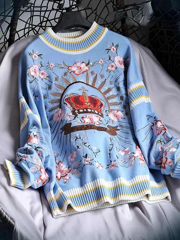 YYJO Runway Luxury Winter Knitting Pullovers Women's High Quality Floral Crown Embroidery Casual Loose Blue Sweater C-127
YYJO Runway Luxury Winter Knitting Pullovers Women's High Quality Floral Crown Embroidery Casual Loose Blue Sweater C-127