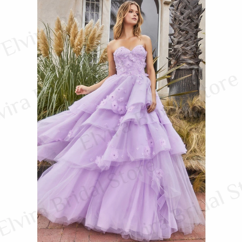 

A-Line Graduation Dresses Princess Tulle Floor Length Party Gowns Multi-Layered Sleeveless Sweetheart Applique Sequins Beads