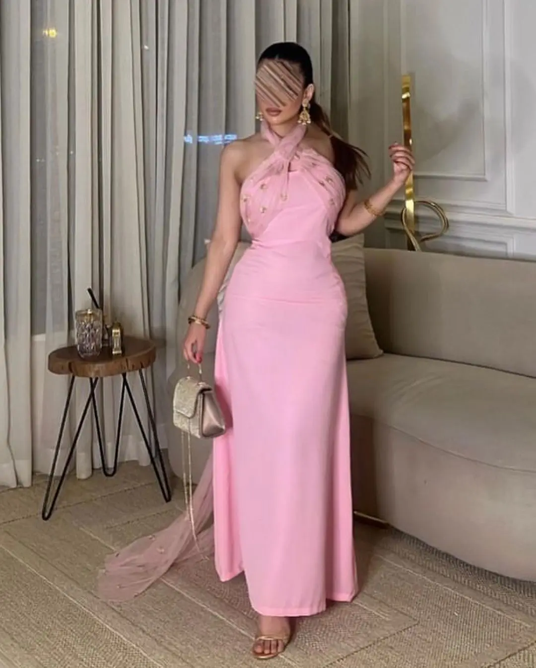 

Lovestory Pink Vestidos De Fiesta Elegantes Para Mujer 2024 Prom Dresses Halter Neck Crystal Tulle Long Tails Evening Party Gown