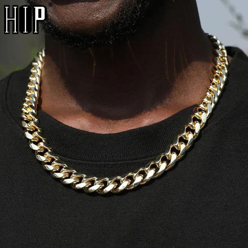 

Hip Hop 12MM Cuban Link Chain Brass Miami Necklaces Iced Out Box Clasp Necklace Gold Color for Men Women Jewelry