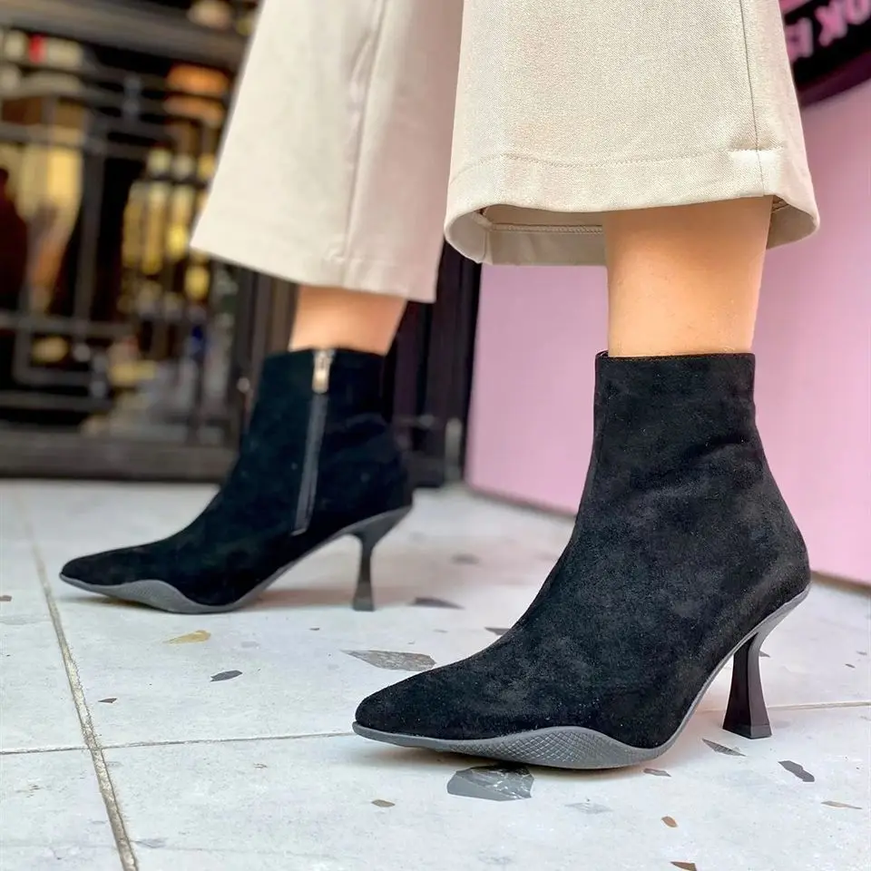 

Closed Pointy Toe Stiletto High Heels Suede Ankle Boots Sexy Ladies Zip V Shape Booties Elegant Party Dress Ladies Modern Boots