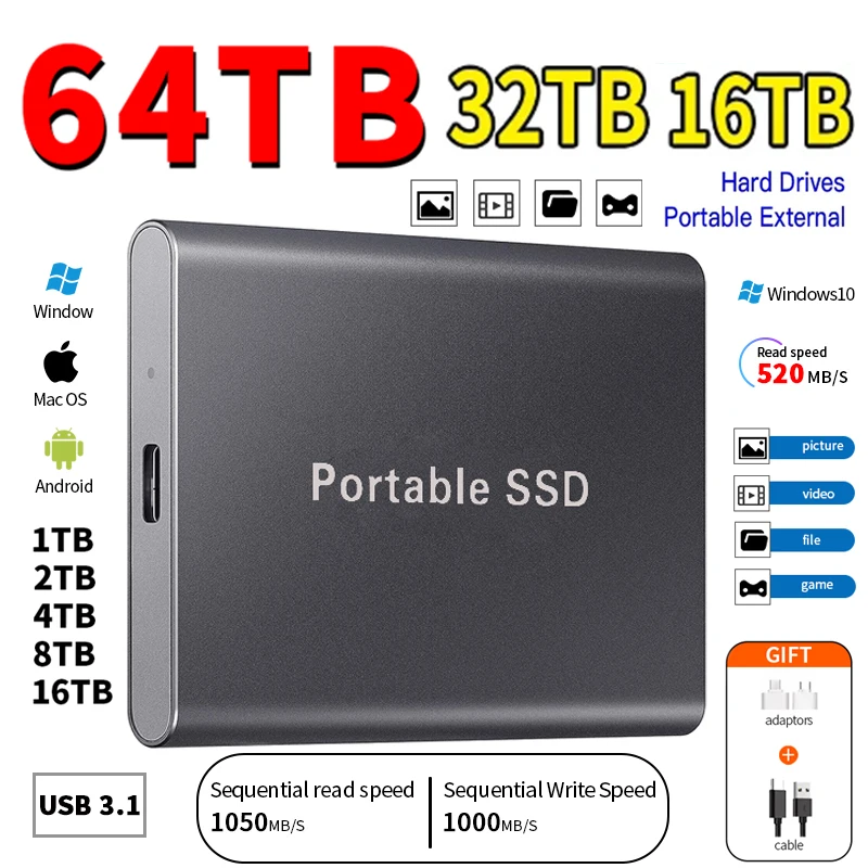 1TB External Hard Drive Portable SSD 2TB Hard Disk Storage High-Speed External Solid State Drive USB 3.1/Type-C for PC/Mac/PS
1TB External Hard Drive Portable SSD 2TB Hard Disk Storage High-Speed External Solid State Drive USB 3.1/Type-C for PC/Mac/PS
