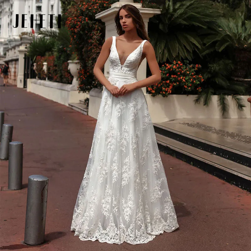 JEHETH V-Neck Lace Appliques Bride Gowns Sleeveless Wedding Dresses Tulle Boho Sexy Backless Elegant A-Line Vestidos De Novia
JEHETH V-Neck Lace Appliques Bride Gowns Sleeveless Wedding Dresses Tulle Boho Sexy Backless Elegant A-Line Vestidos De Novia