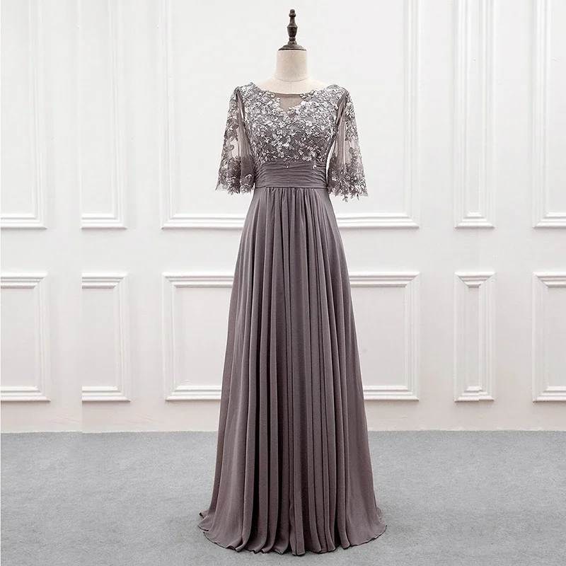 

Sequins Chiffon Mother of the Bride Dresses Full Length Boat Neckline Wedding Guest Gowns With Half Sleeves فساتين سهرة