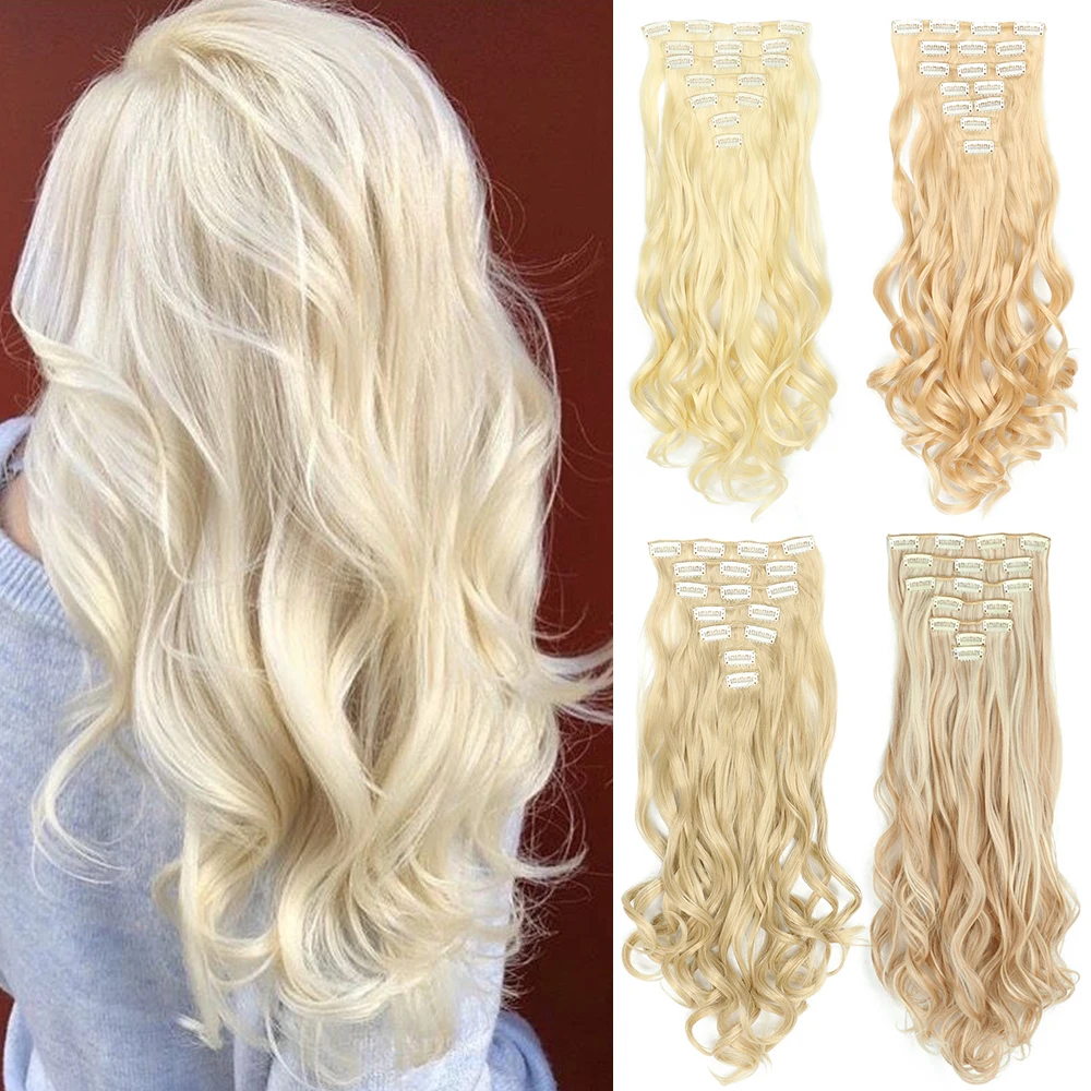 

Synthetic Clip On Hair Extension 7Pcs/Set 24inch Straight Hairpiece Curly 16 Clips In Hair Ombre Heat Resistant Fiber