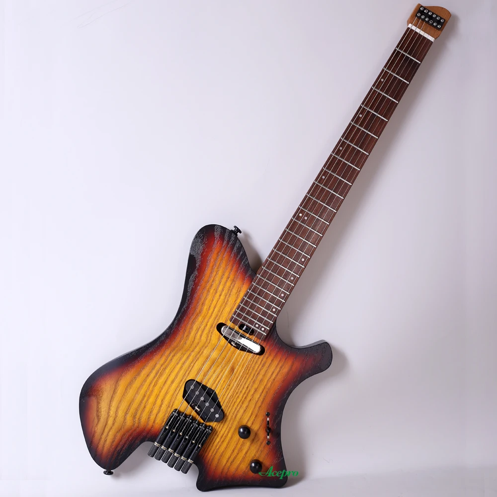 

Acepro AH-100 Headless Electric Guitar, 2 Single Coil Pickups, Vintage Sunburst Roasted Ash Body, Jumbo Stainless Steel Frets