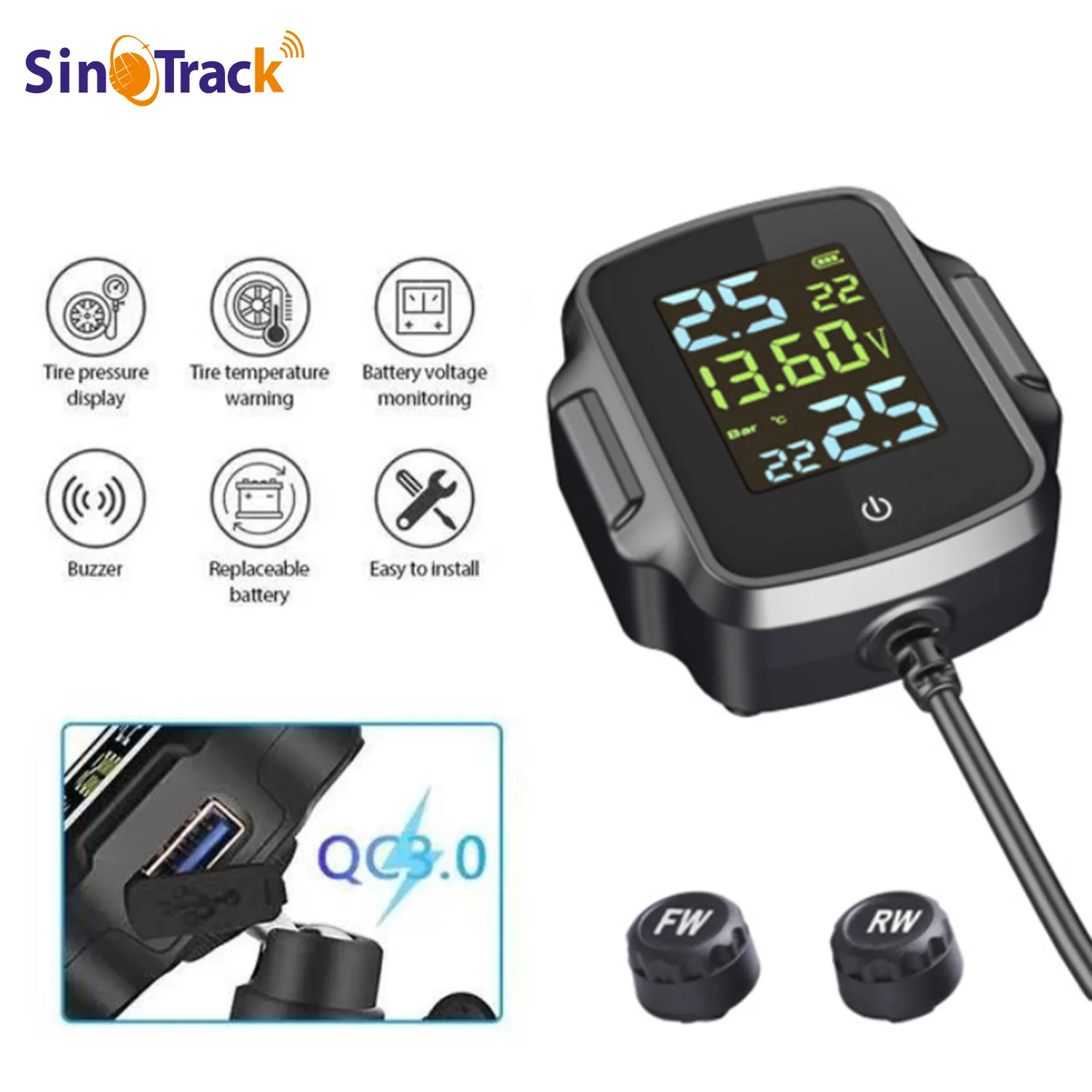 Motorcycle TPMS Motorbike Tire Pressure Monitoring System Tyre Temperature Alarm System With QC 3.0 Fast Charging USB Output 
Motorcycle TPMS Motorbike Tire Pressure Monitoring System Tyre Temperature Alarm System With QC 3.0 Fast Charging USB Output
