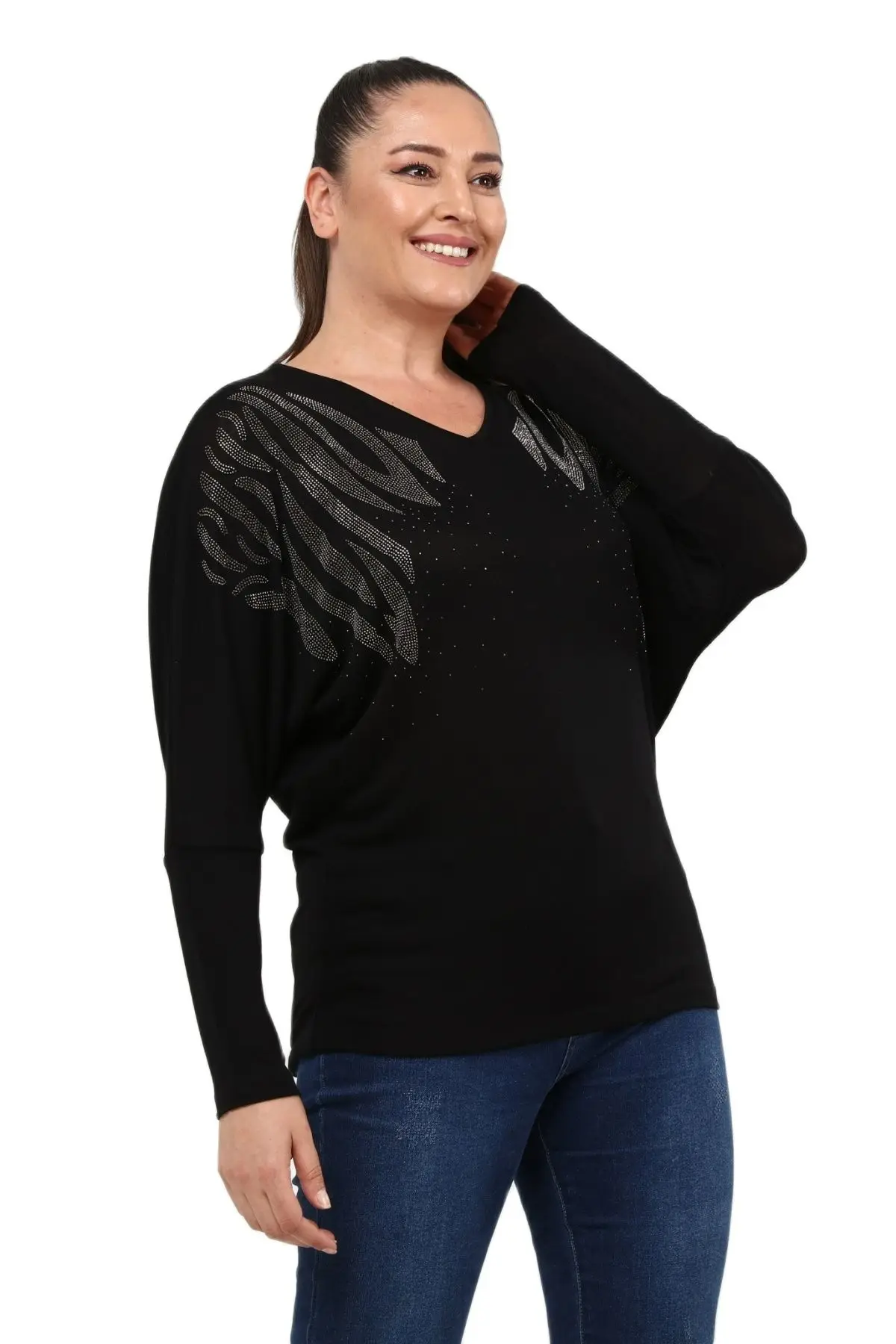 

Women’s Plus Size Black Blouse V-Neck Bat Arm Silver Stone Detail, Designed and Made in Turkey, New Arrival
