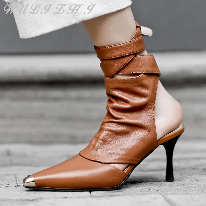 

Pointed Toe Women Modern Boots Wraparound Strappy Slingback Workplace Pumps Stiletto Leather Metal Toe Sexy Martin Boots