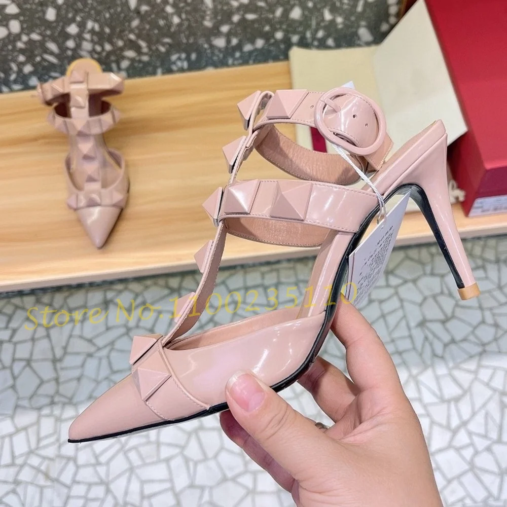 Nude Pointy Rivets Sandals With Heels Women Metal Buckle T-strap Luxury Brand Sandals Sexy Female Summer Trend Party Dress Shoes
Nude Pointy Rivets Sandals With Heels Women Metal Buckle T-strap Luxury Brand Sandals Sexy Female Summer Trend Party Dress Shoes