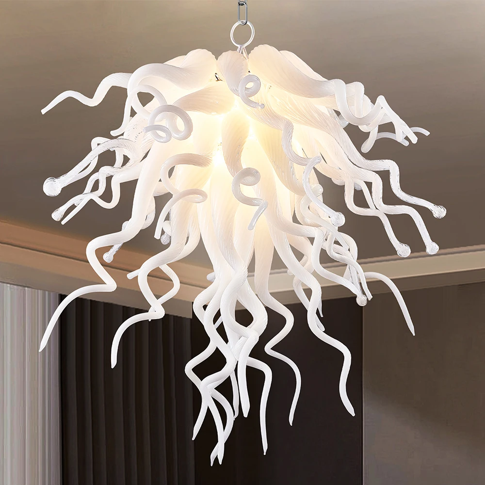

Longree Murano Glass Chandelier White Color Chihuly Style Hand Blown Glass Pendant Chandelier Hanging Lamps for Living Room