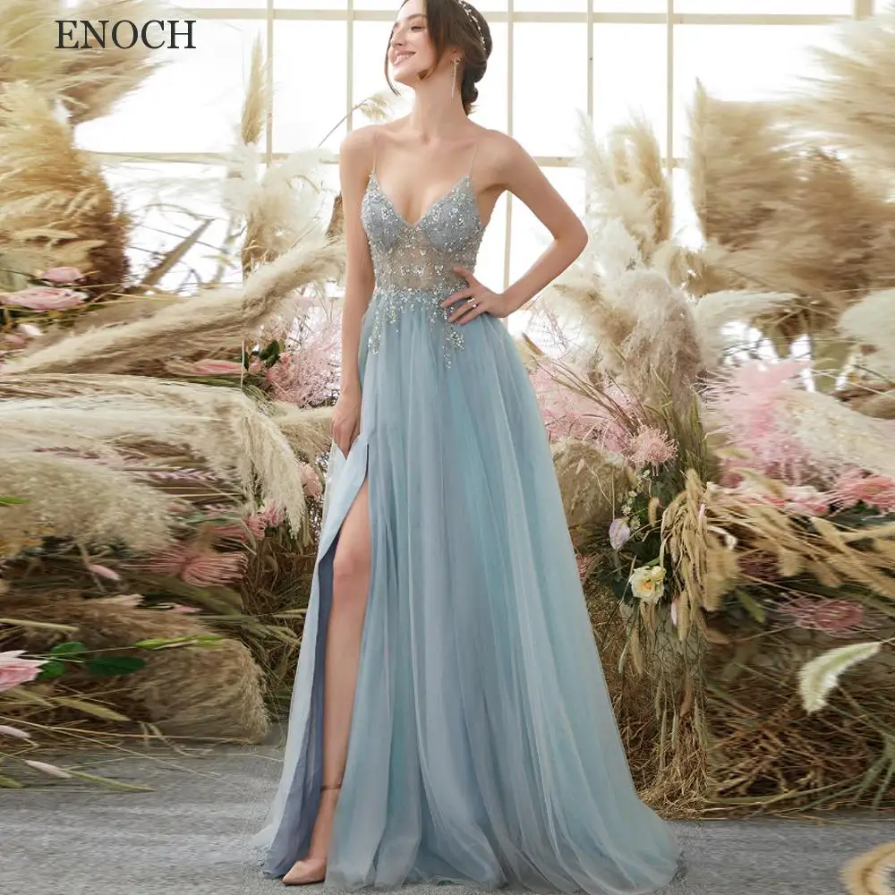 

ENOCH Stunning V-Neck Side Slit Prom Dresses Sequined Appliques Tulle Party Gowns Floor Length Robes De Soirée Custom Made New