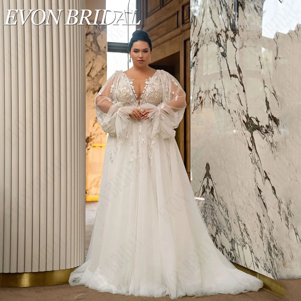 

EVON BRIDAL Sexy V-Neck Plus Size Wedding Dress Detachable Puff Sleeves Applique Bride Gowns A-Line Custom Made Robe De Mariée