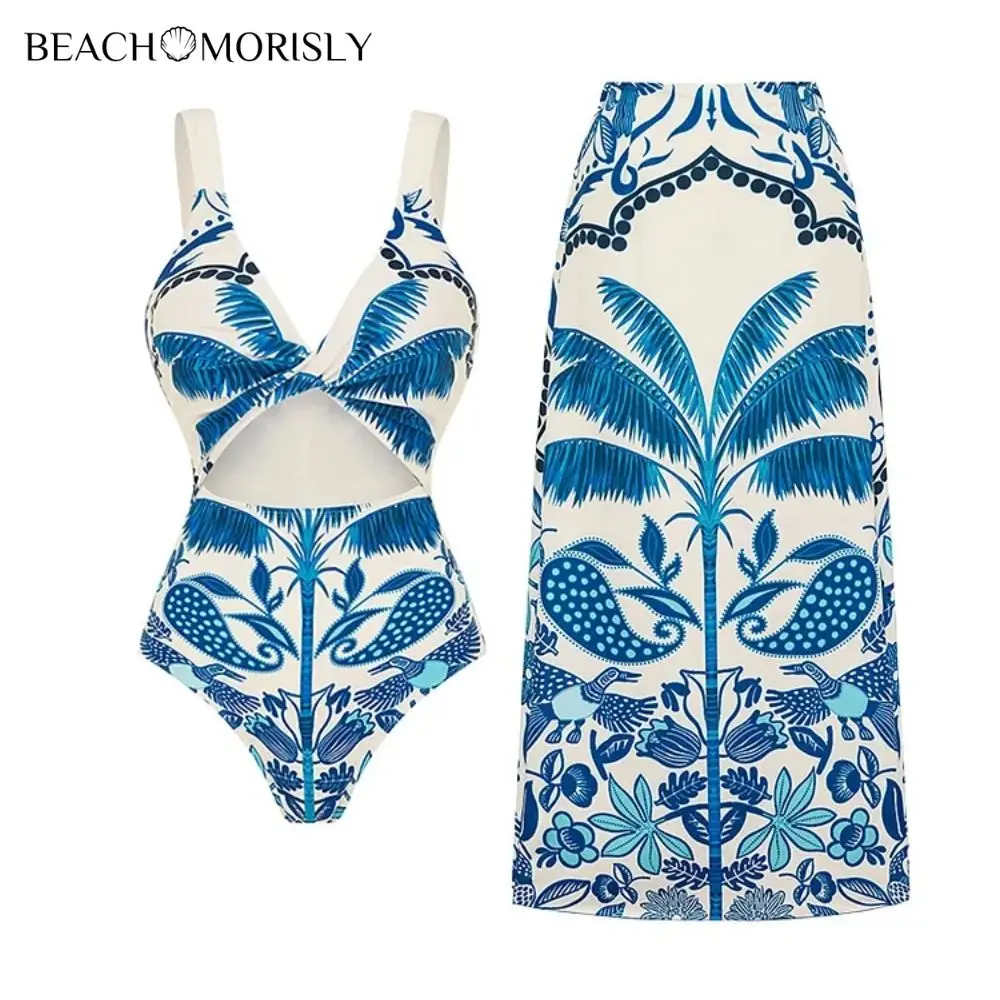 

2024 Swimsuit Sling Cut Out Coconut Tree Printed One Piece Women Swimwear Vacation Beachwear Luxury Bathing Suit Bikini