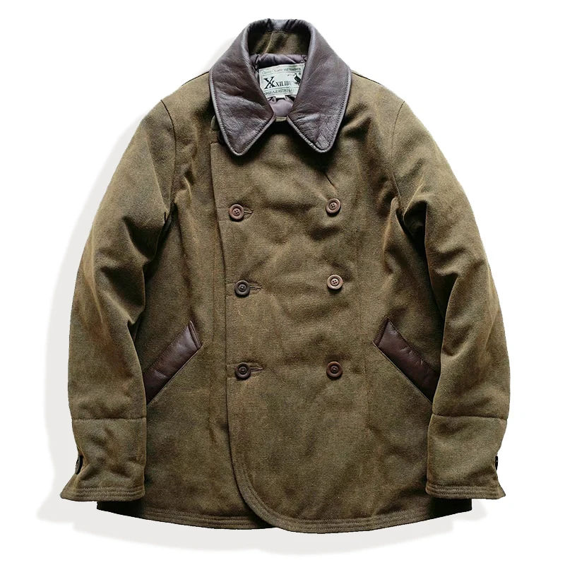 

Men's Pea Coat Wax Thick Double-breasted Cowhide Collar Military Safari Style Vintage Workwear Winter Warm Wear