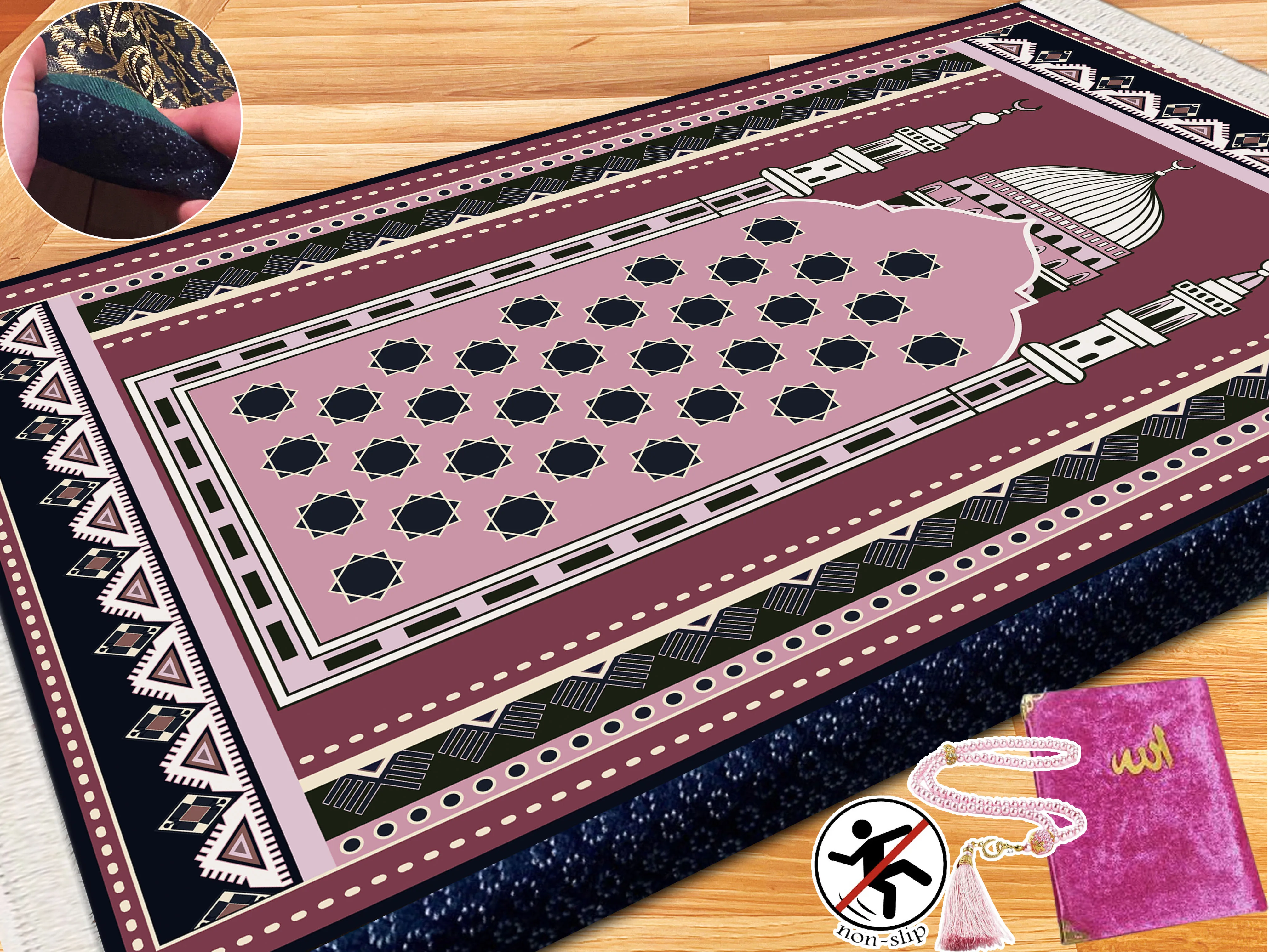 

Extra Thick Foam Padded Turkish Pink White Prayer Rug, Luxury Yaseen, Soft Praying Mat Carpet & Pearl Tasbeeh, İslamic Gift Set